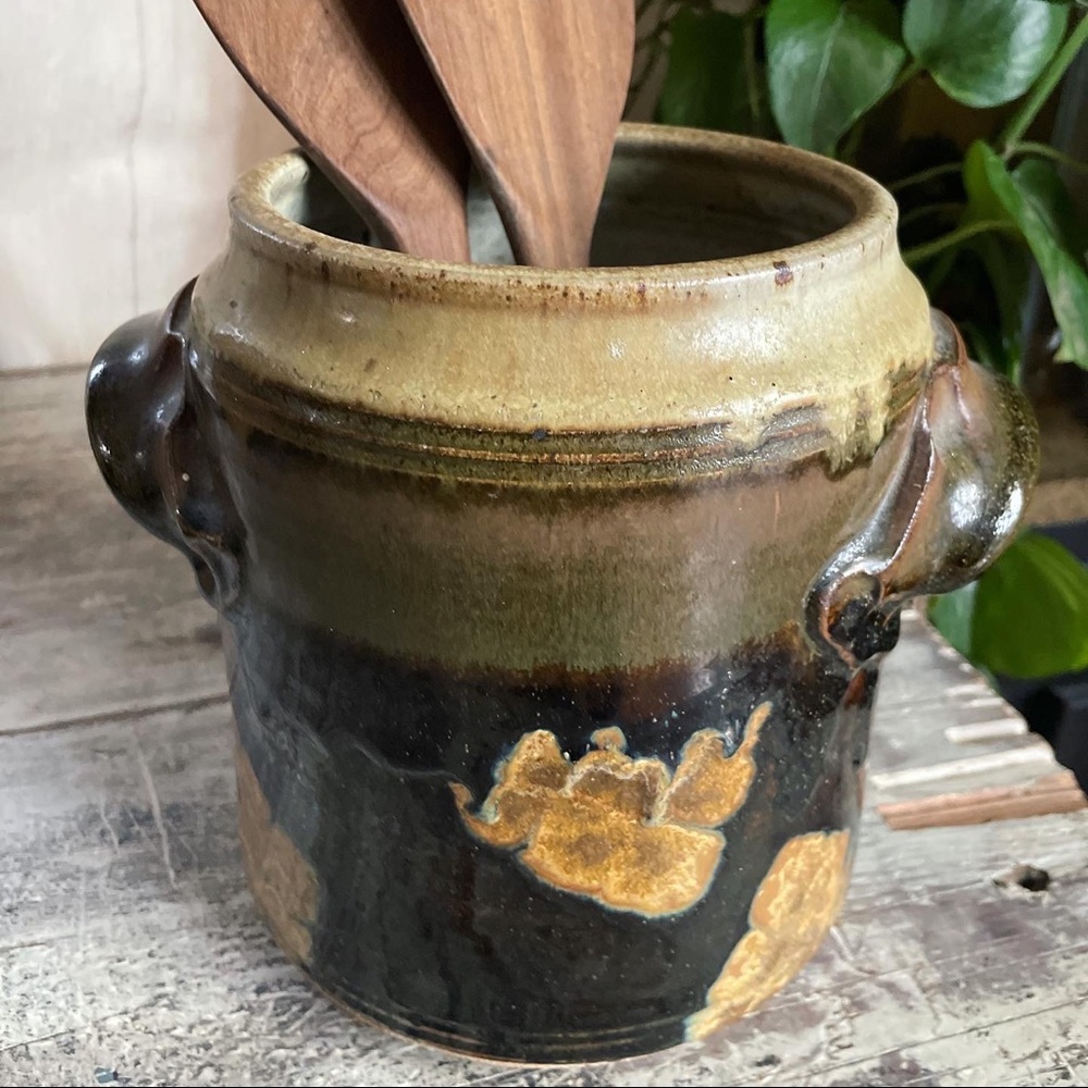 Handmade crock utensil holder with handles